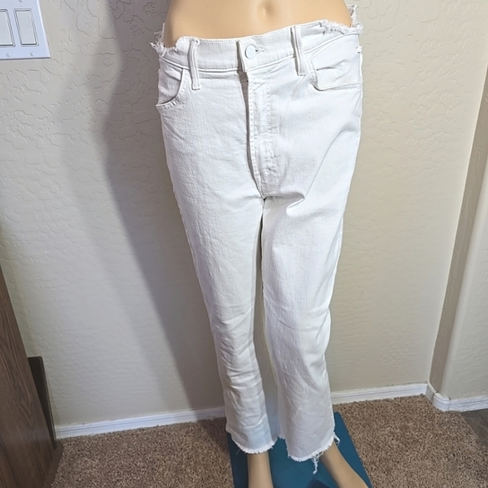 Mother The Hustler Ankle Fray Distressed Waistline Jeans White Waist 31